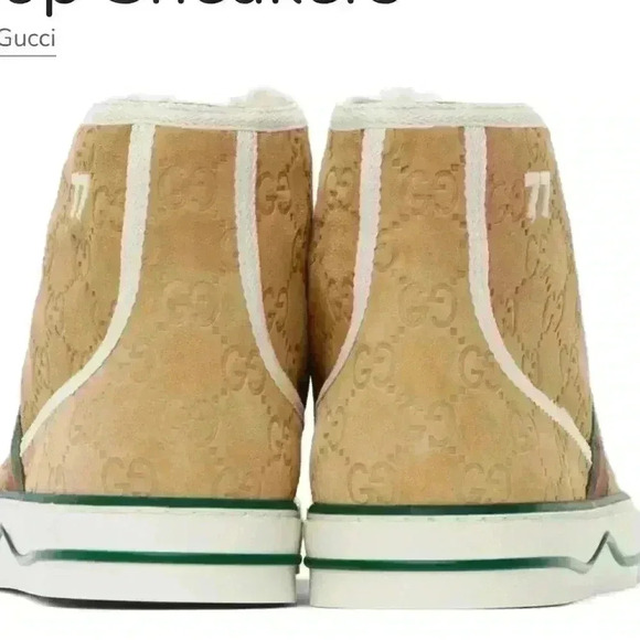 GUCCI Tennis 1977 High Top Sneaker Beige Suede/Shearling AUTHENTIC Size 10 US - Picture 2 of 11